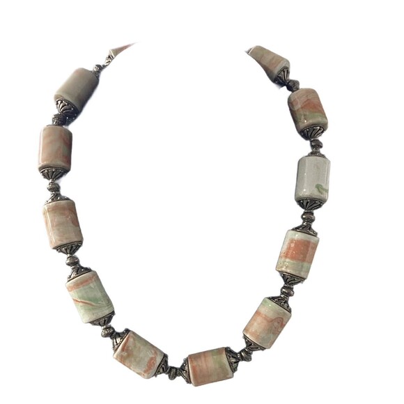 Hand Crafted Barrel Porcelain Beads Choker Bib Necklace Earth Tone Faux Jasper - Picture 8 of 11
